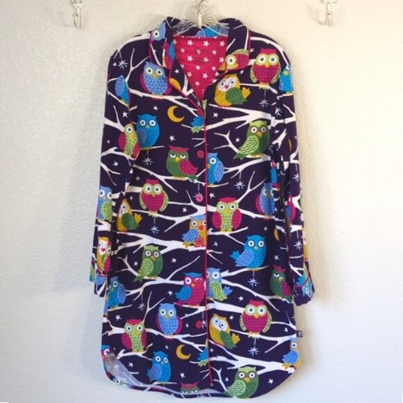 Nick & Nora Size S Sleepshirt Flannel Purple Owls Cotton Pajamas Pockets - Picture 1 of 4
